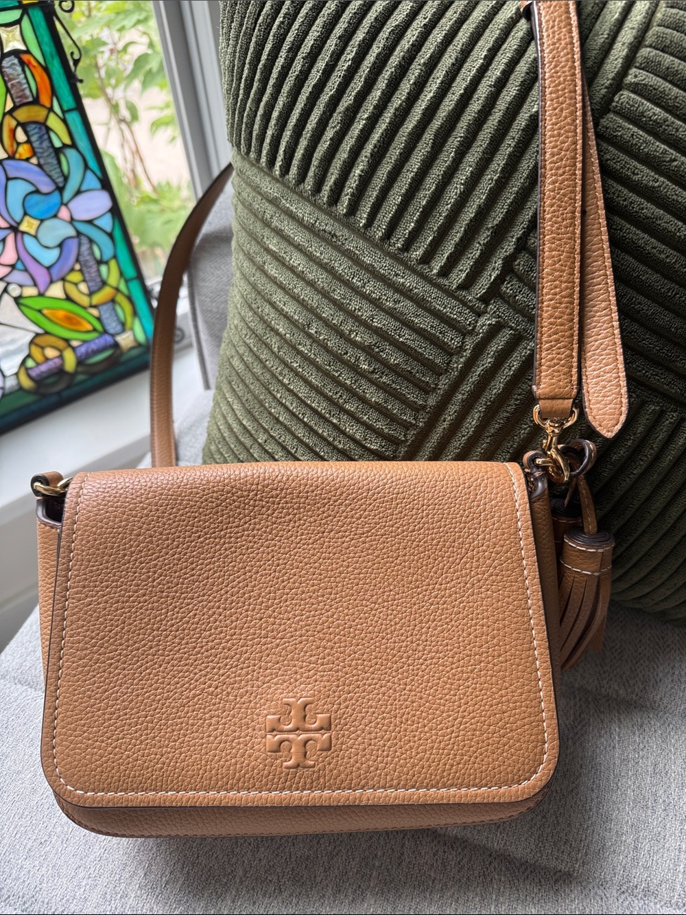 Tory Burch Pebbled Leather Crossbody in Tan/Camel with Tassel